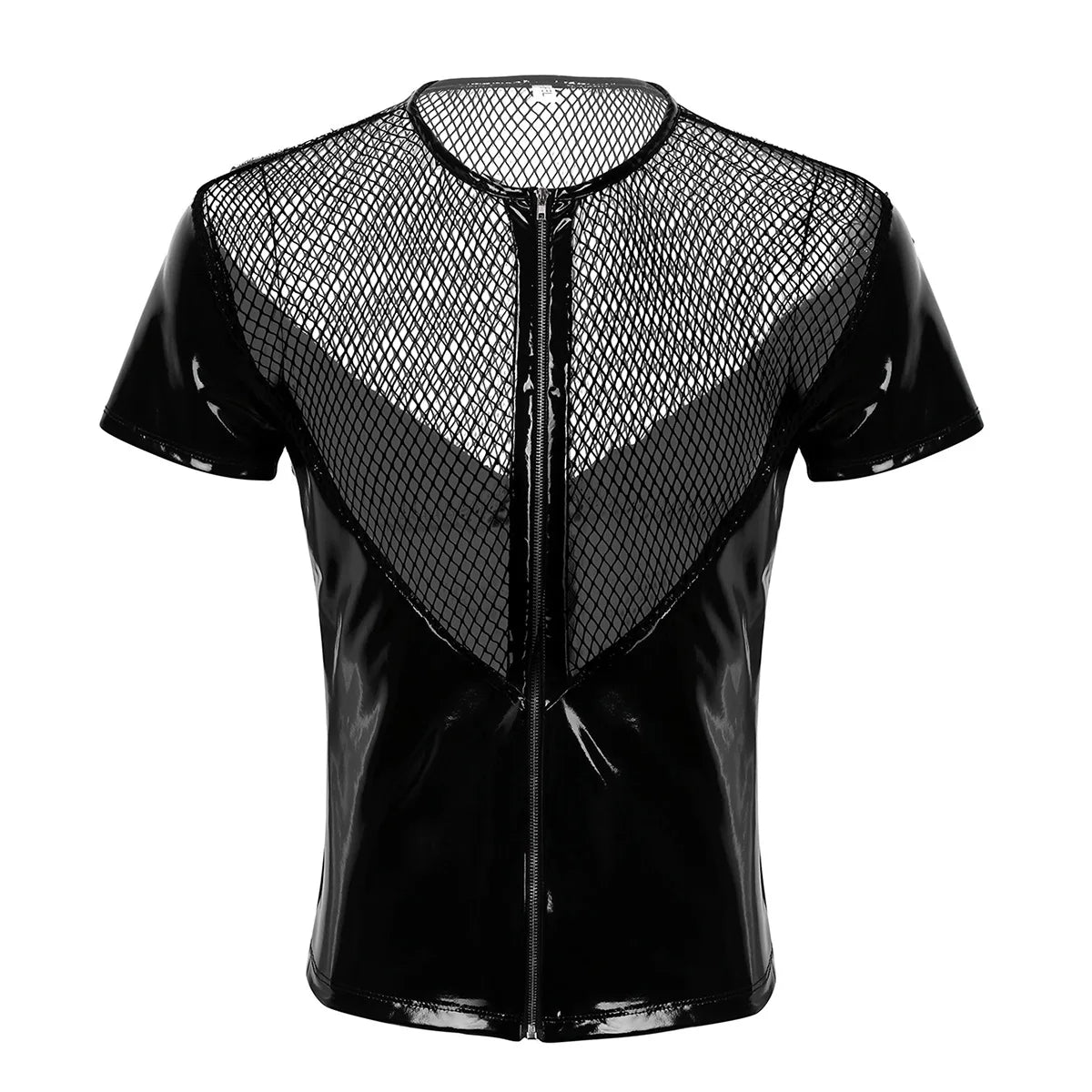 YiZYiF Black Shiny T Shirt Unisex Metallic Hipster PVC Leather Tshirt Sexy Stand Collar Short Sleeves Front Zip Up T-shirt Tops