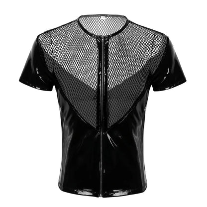 YiZYiF Black Shiny T Shirt Unisex Metallic Hipster PVC Leather Tshirt Sexy Stand Collar Short Sleeves Front Zip Up T-shirt Tops