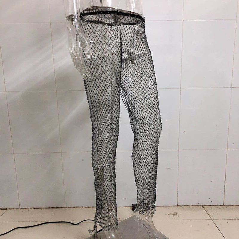 Pantalones de malla de diamante de cristal para mujer, pantalones de rejilla largos, transparentes, ahuecados y sexys de verano, novedad de 2020, pantalones de playa