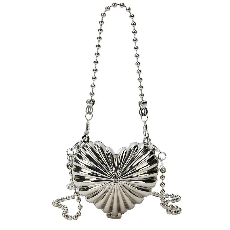 Nuevo y lindo bolso de hombro con forma de corazón de plata con forma de corazón, bolso de mujer con cadena, bolso divertido y versátil, bolsa femenina