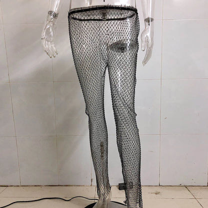 Pantalon tunique sexy en résille avec strass en cristal et diamants pour femme, bas long en maille ajouré, transparent, pour la plage, le club, les fêtes