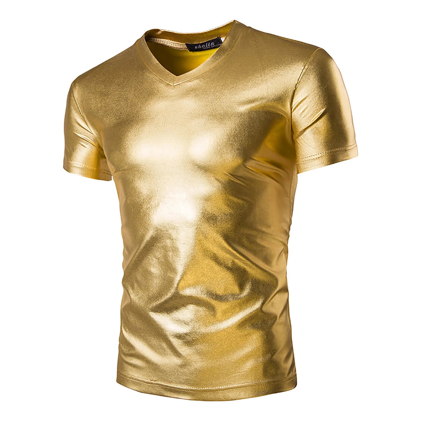 Night Club Wear Mens Shiny Metallic T-shirt Slim Fit Gold Shirt Fashion Men Short Sleeve Tops For Disco Party Club Stage Costume