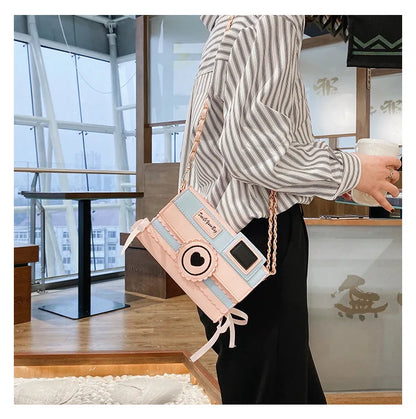 Bolso de mujer de moda 2020, bolso de hombro con forma de cámara divertido y dulce para niñas, bolso cruzado con lazo y cadena para mujer, bolso con solapa para mujer