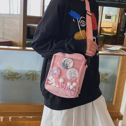 Sac à bandoulière en toile pour écolières japonaises, petit sac à main avec poche en filet et boules de poils colorées, sac transparent à rabat pour femmes