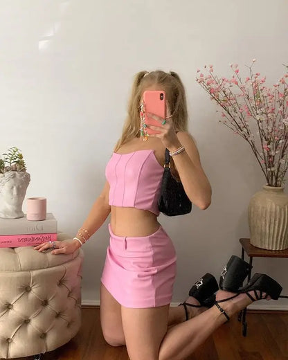 CLEARANCE SALE ! Summer Crop Top Women Fishbone Double Layer Pink  PU Leather Sexy Crop Top Fashion Lady Clubwear Party