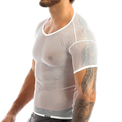 2022 Fashion Men Mesh T Shirt See Through Short Sleeve Slim Party Nightclub Wear Sexy T-shirts Top Thin Breathable Camiseta