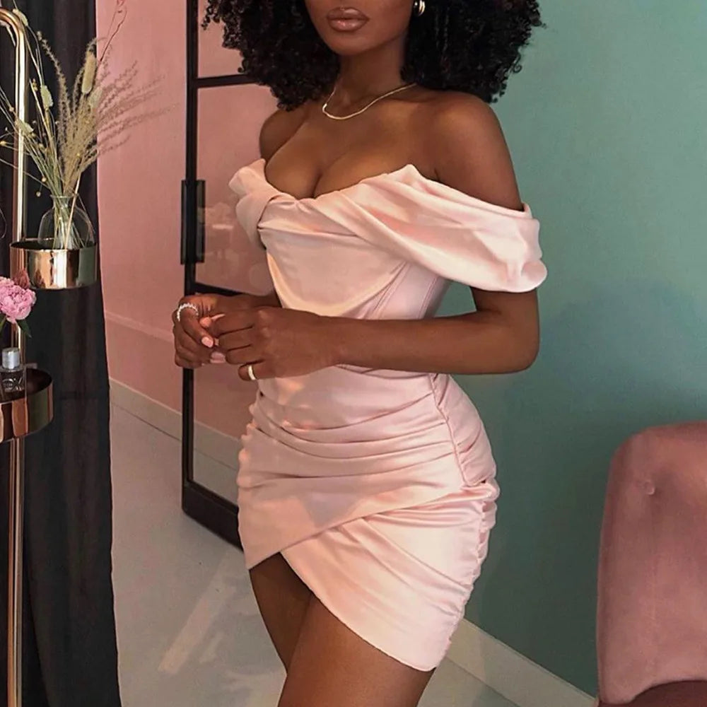 Robe moulante en satin pour femme, robe de soirée mini, nouveauté 2021, rose, épaules dénudées, robe moulante, robe de soirée, club, célébrité