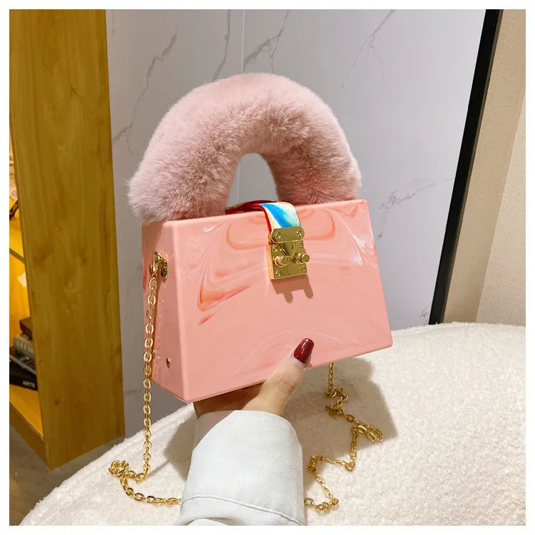 Faux Fur Top Handle Acrylic Party Box Clutch Fashion Purses and Handbags for Women Designer Evening Bag Chain Shoulder Bag