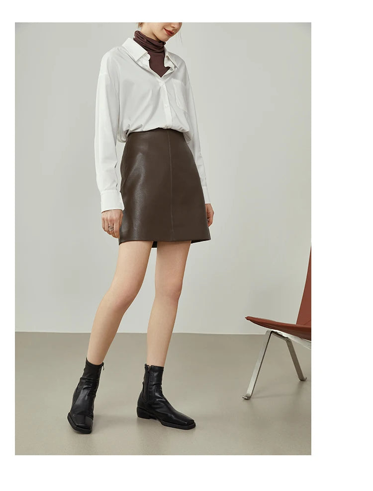 FSLE Women's Brown Leather Skirt Winter New Office Lady Mini Skirts A-line Skirt All-match Fashionable High Waist