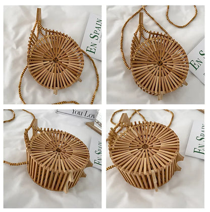 Fashion Round Beading Wooden Women Shoulder Crossbody Bags Rattan Handbags Bamboo Woven Summer Beach Straw Bag Small Bali Purses