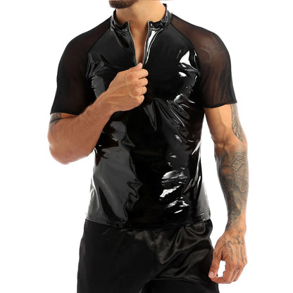 T-shirts Clubwear pour hommes, chemises en cuir verni effet mouillé, col rond, maille transparente, manches courtes, demi-fermeture éclair sur le devant