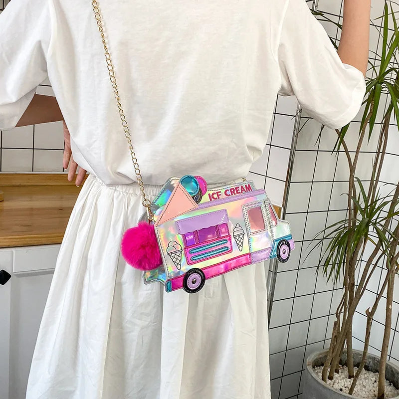 Ice Cream Car Messenger Bag Funny Personality Dazzling Color Laser Shoulder Bag Women Funny Messenger Bag Crossbody Chain Bag