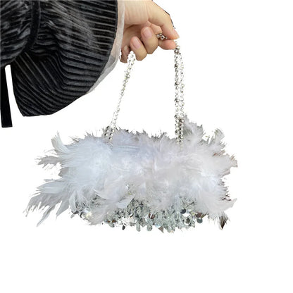 Fashion Pearl Beading Women Handbag Ladies Clutch Party Evening Bags Real Feathers Chain Shoulder Bag Princess Crossbody Bags