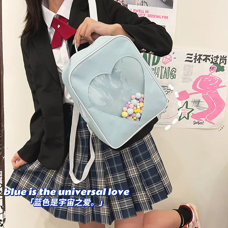 Japanese High School Girls JK Backpack Women Love Heart Shaped Transparent Bag Small Backpacks Itabag School Bags Mochila Mujer