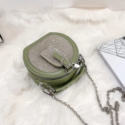 Diamond Mini  Round Shoulder Bag Female Fashion Chain Messenger Bag Black Dinner Bag Small Round