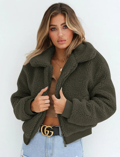 Chaqueta de invierno elegante para mujer, con bolsillo de osito de peluche grueso, abrigo cálido con cremallera, abrigo, chaqueta de piel suave, abrigo de felpa para mujer