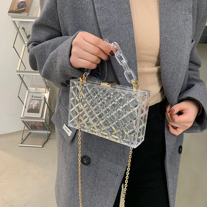 Bolsos de mano de acrílico transparente de moda para mujer, bolsos de diseñador con cadenas, bolsos cruzados de hombro, bolsos cuadrados pequeños de PVC transparente de lujo 2021