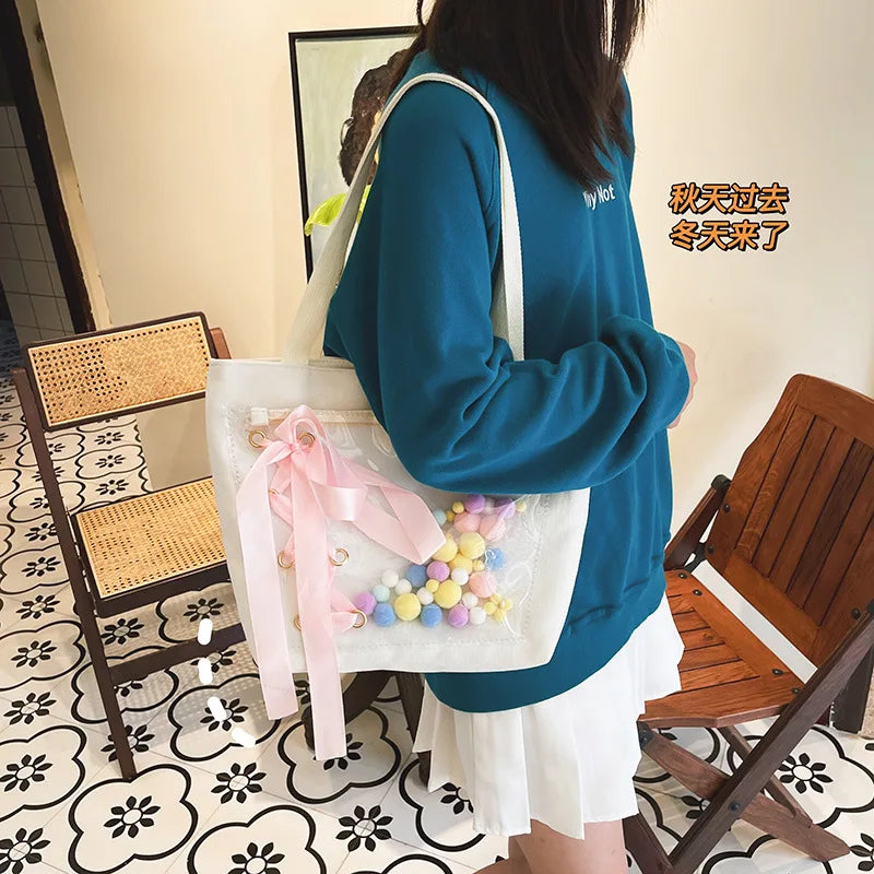 Japanese Preppy Style Shoulder Bag Women High School Girls JK Bag Transparent Bow Bag Large Capacity itabag Handbags Women Bolso