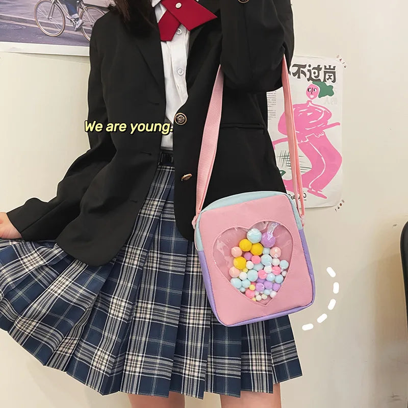 Japanese JK Girls Itabag Love Heart Shaped Transparent Bag Small Crossbody Bags With Colorful Hairballs Shoulder Bag Phone Bag