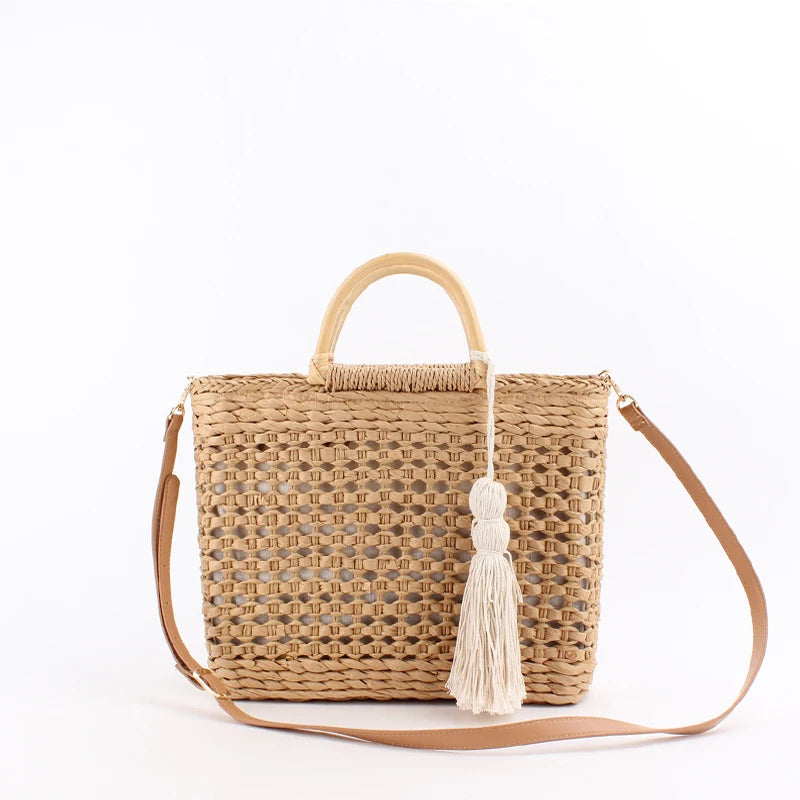 Bolsos de hombro de paja con asa de madera hueca a la moda, bolsos de mimbre tejidos de ratán para mujer, bolsos de playa de verano de gran capacidad, bolsos de viaje