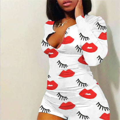 Sexy Women V-neck Bodycon Sleepwear Jumpsuit Bodysuit Shorts Romper Bodysuit Leotard Button Bodysuit 2020 Print Long Sleeve Lips