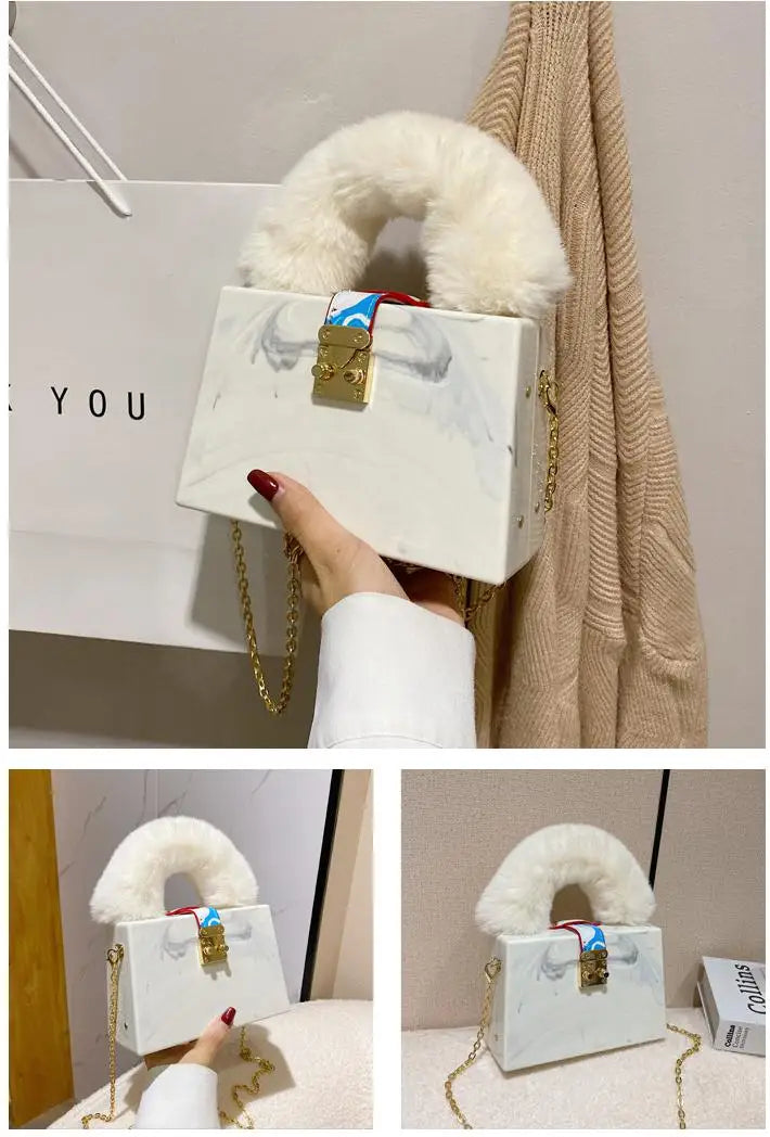 Faux Fur Top Handle Acrylic Party Box Clutch Fashion Purses and Handbags for Women Designer Evening Bag Chain Shoulder Bag