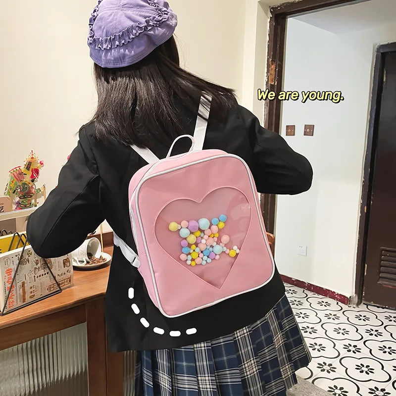 Japanese High School Girls JK Backpack Women Love Heart Shaped Transparent Bag Small Backpacks Itabag School Bags Mochila Mujer