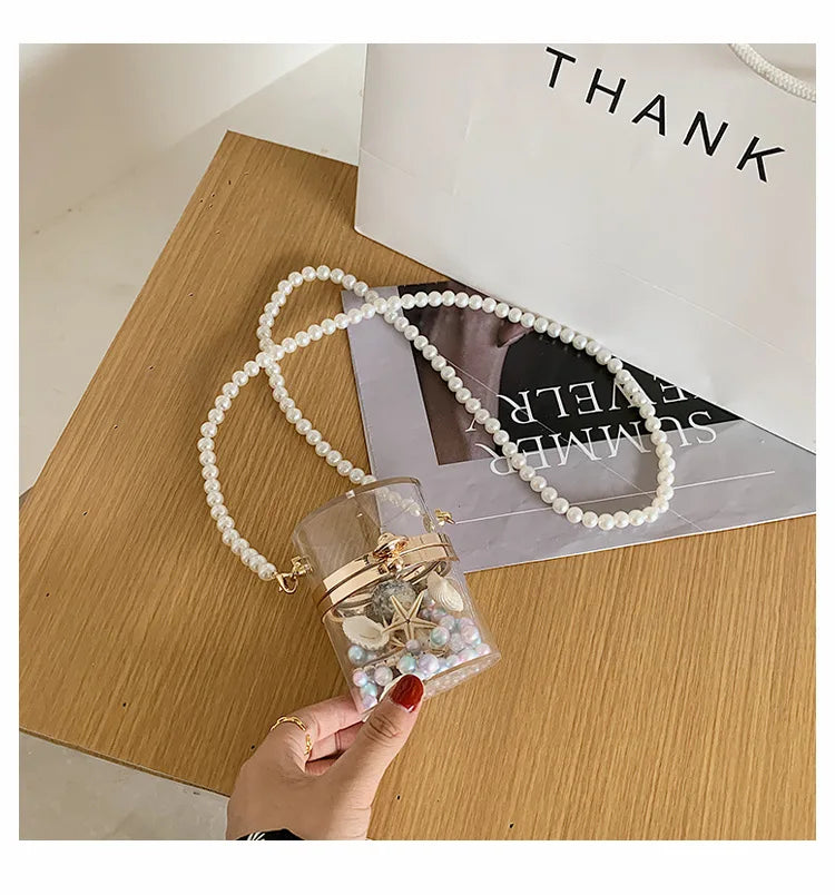 Clear Acrylic Box Clutch Purse Women Transparent Handbag Plastic Barrel Shaped Bag Girl Summer Party Bag with pearl chain