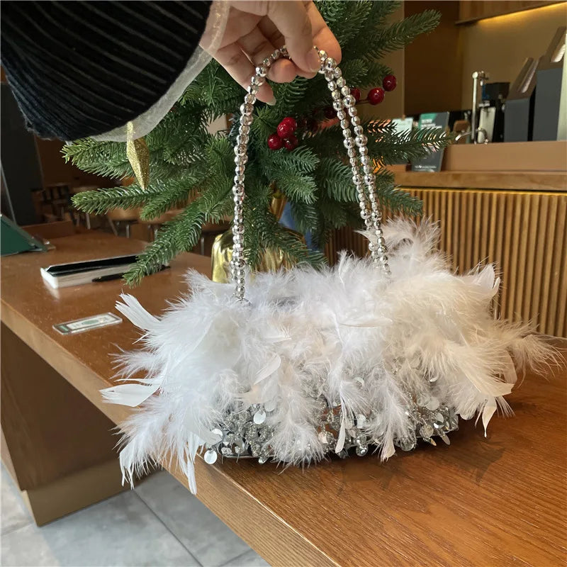 Fashion Pearl Beading Women Handbag Ladies Clutch Party Evening Bags Real Feathers Chain Shoulder Bag Princess Crossbody Bags