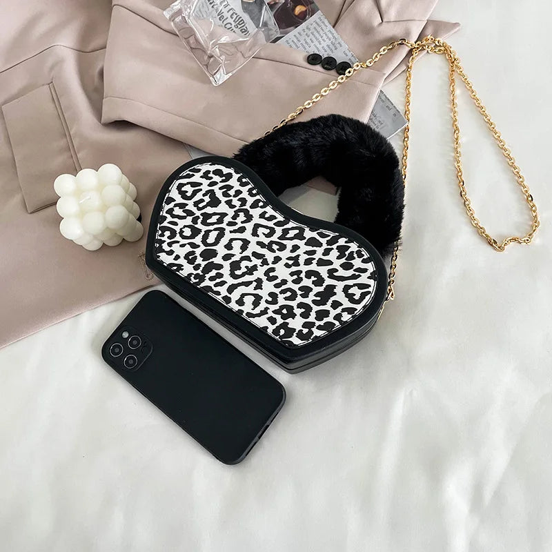 Women's Bag Fashion Leopard Print Personality Ins Chain Shoulder Plush Handle Portable Box Bag