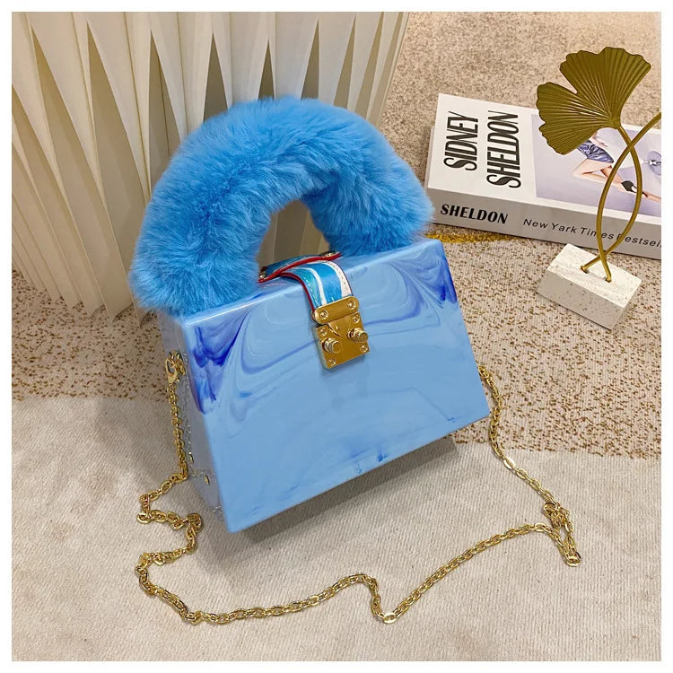 Faux Fur Top Handle Acrylic Party Box Clutch Fashion Purses and Handbags for Women Designer Evening Bag Chain Shoulder Bag