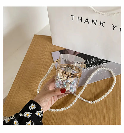 Clear Acrylic Box Clutch Purse Women Transparent Handbag Plastic Barrel Shaped Bag Girl Summer Party Bag with pearl chain