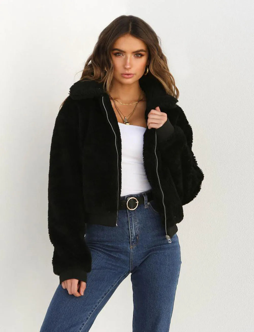 Chaqueta de invierno elegante para mujer, con bolsillo de osito de peluche grueso, abrigo cálido con cremallera, abrigo, chaqueta de piel suave, abrigo de felpa para mujer