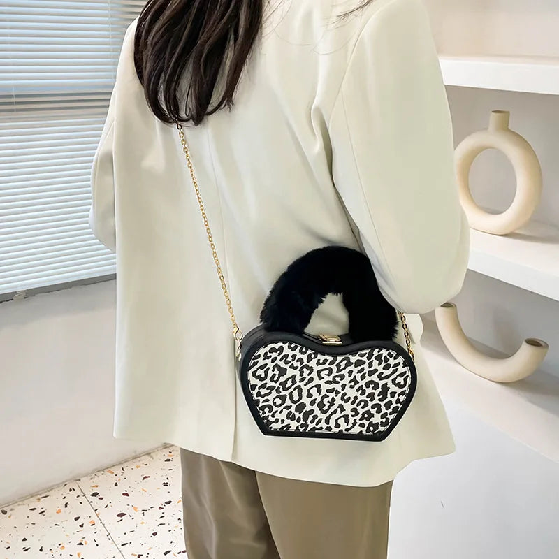 Women's Bag Fashion Leopard Print Personality Ins Chain Shoulder Plush Handle Portable Box Bag