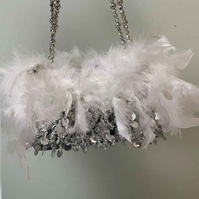 Fashion Pearl Beading Women Handbag Ladies Clutch Party Evening Bags Real Feathers Chain Shoulder Bag Princess Crossbody Bags