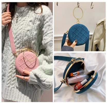 Bolso pequeño redondo para mujer con asa de anillo y diamantes, bolso de mano, bolso de mensajero pequeño para mujer, bolso de cena para fiesta