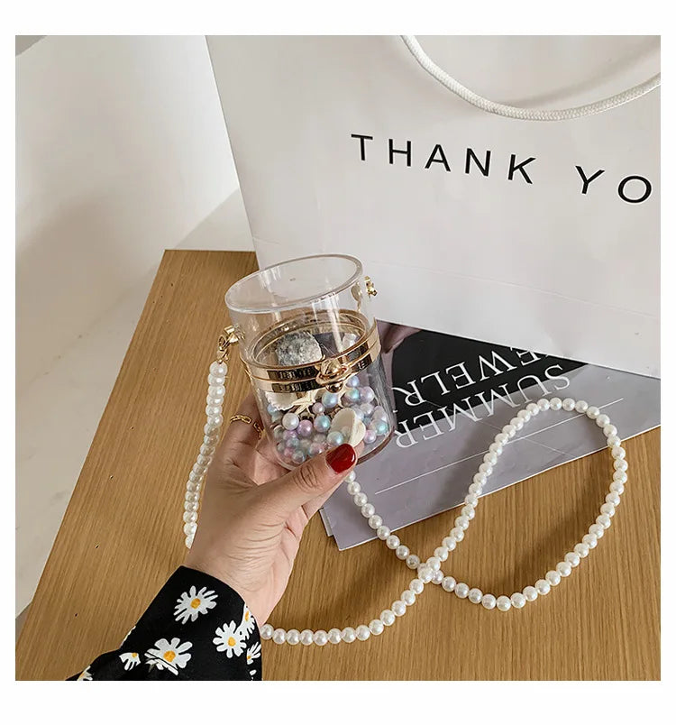 Clear Acrylic Box Clutch Purse Women Transparent Handbag Plastic Barrel Shaped Bag Girl Summer Party Bag with pearl chain