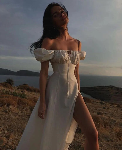 Suninheart Elegante Vestido Midi Blanco Con Hombros Descubiertos Sexy De Manga Corta Con Abertura Alta Vestido De Fiesta De Vacaciones De Verano Vestidos De Mujer 2023