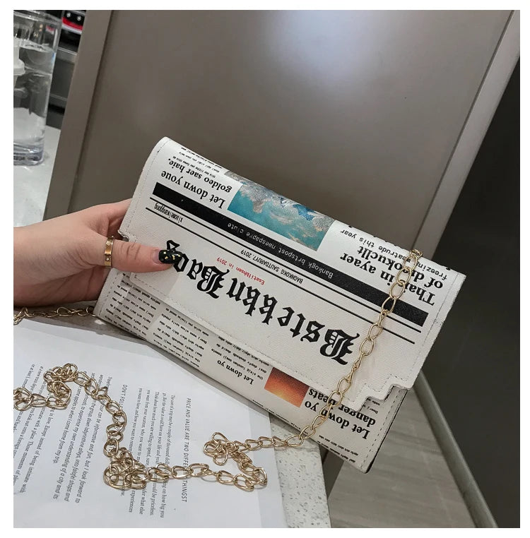 Creative Newspaper Design Chains Crossbody Bag for Women Funny Pu Leather Lady Shoulder Messenger Bags Cute Small Female Purses