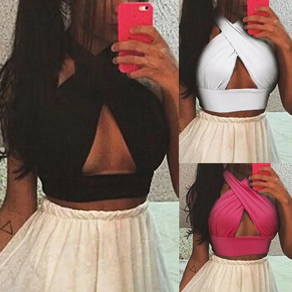 Sex Women Strappy Cross Tank Top Over Front Cut Out Halter Neck Sleeveless Backless Bandage Vest Summer Sexy Tops Woman Clothes