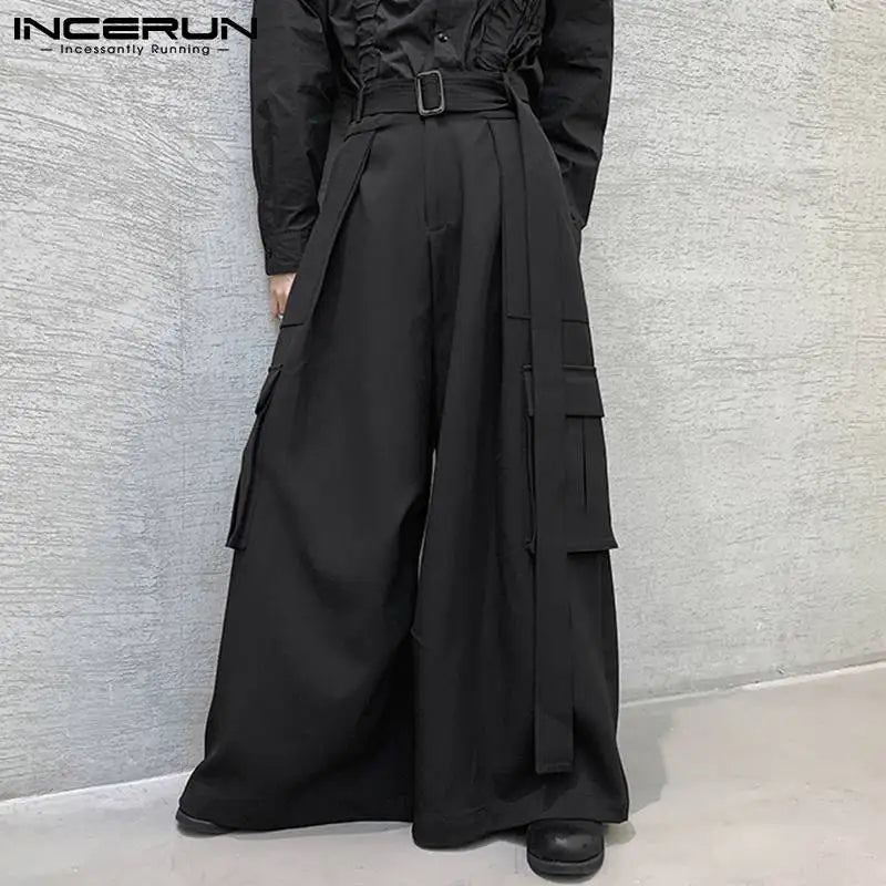 Stylish New Men's Party Shows Pantalons Wide-leg Trousers Male Belt Solid All-match Simple Trousers Overalls S-5XL INCERUN 2023