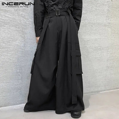 Stylish New Men's Party Shows Pantalons Wide-leg Trousers Male Belt Solid All-match Simple Trousers Overalls S-5XL INCERUN 2023