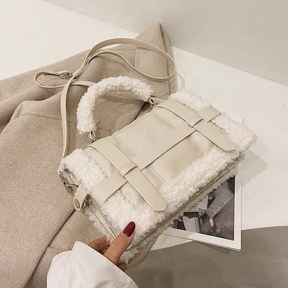 Sac à main en laine d'agneau pour femme, sac à bandoulière matelassé de luxe en cuir et fourrure, petit sac à rabat, hiver 2021