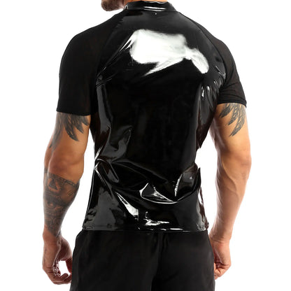 YiZYiF Black Shiny T Shirt Unisex Metallic Hipster PVC Leather Tshirt Sexy Stand Collar Short Sleeves Front Zip Up T-shirt Tops