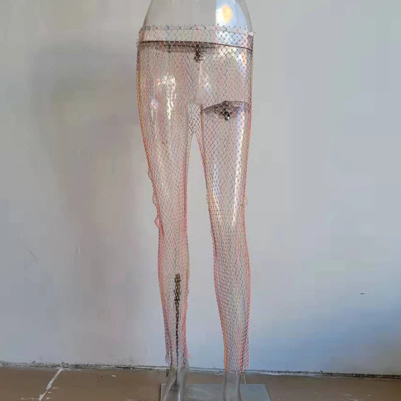 Pantalon tunique sexy en résille avec strass en cristal et diamants pour femme, bas long en maille ajouré, transparent, pour la plage, le club, les fêtes