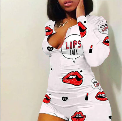 Sexy Women V-neck Bodycon Sleepwear Jumpsuit Bodysuit Shorts Romper Bodysuit Leotard Button Bodysuit 2020 Print Long Sleeve Lips