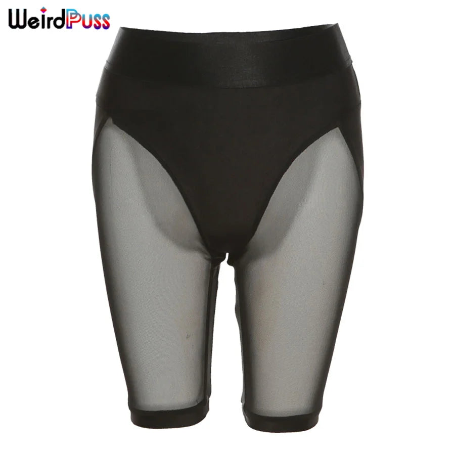 Weird Puss Short sexy pour femme en maille transparente, patchwork, slim, extensible, taille haute, style motard, sport, fitness, décontracté, streetwear