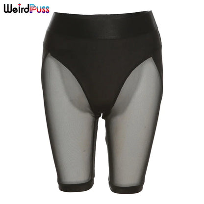 Weird Puss Short sexy pour femme en maille transparente, patchwork, slim, extensible, taille haute, style motard, sport, fitness, décontracté, streetwear