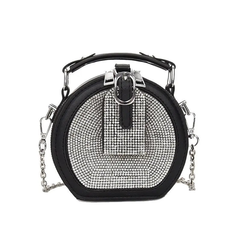 Diamond Mini  Round Shoulder Bag Female Fashion Chain Messenger Bag Black Dinner Bag Small Round