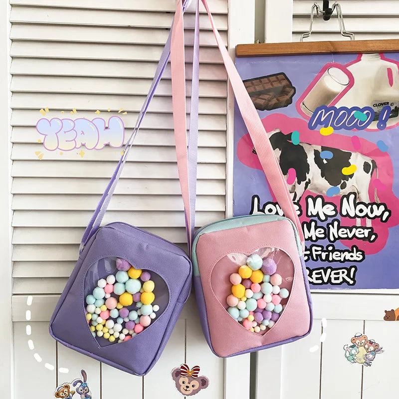 Japanese JK Girls Itabag Love Heart Shaped Transparent Bag Small Crossbody Bags With Colorful Hairballs Shoulder Bag Phone Bag